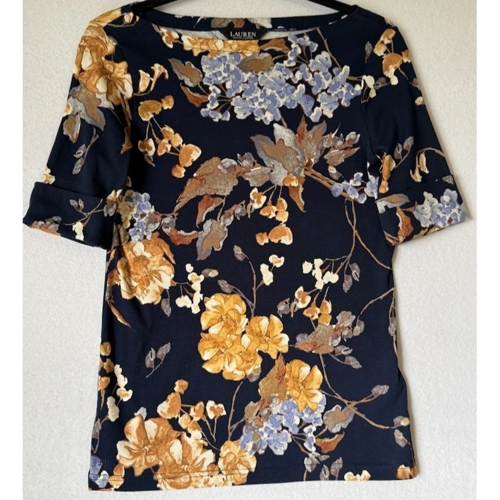 Lauren Ralph Lauren Top Women Small Petite Blue Floral Stretch Short Sleeve